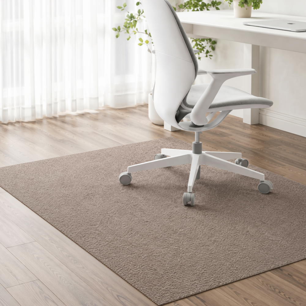 Tapis de chaise de bureau marron devant un bureau blanc sur parquet